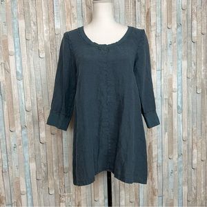 Flax P 4 6 Teal 100% Linen 3/4 Sleeve Tunic Top Blouse Knit Trim Boho Lagenlook